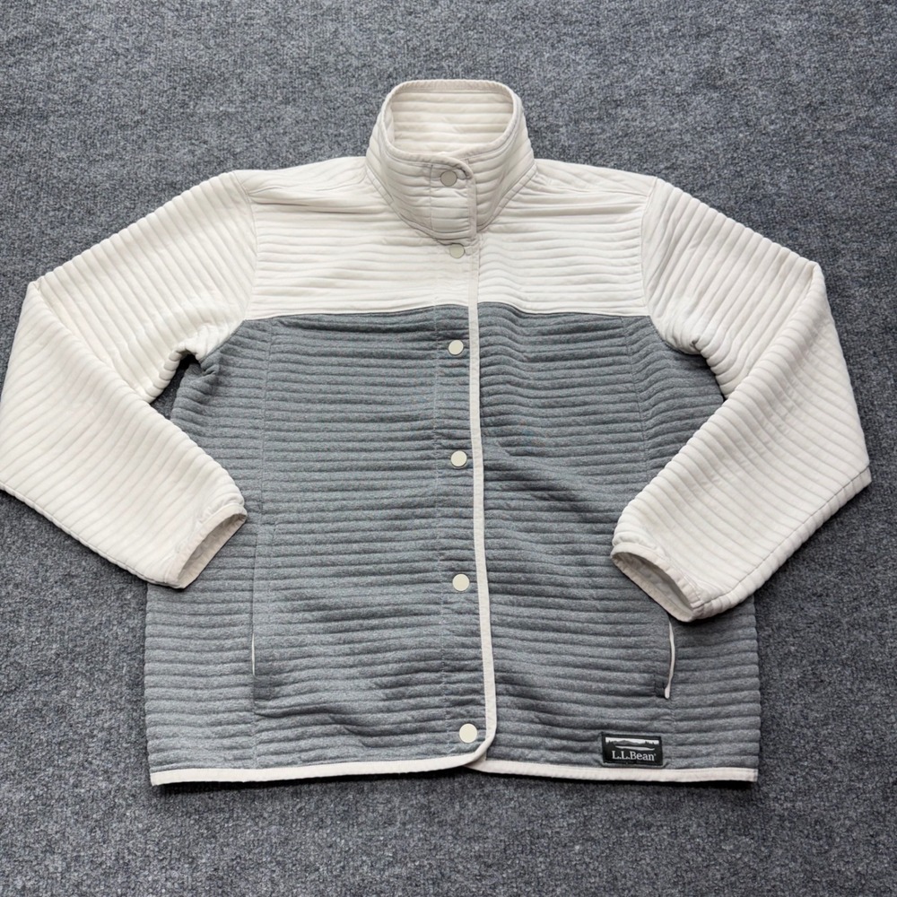 LL Bean AirLight Quilted Full Snap Jacket Gray Cream Women Medium 527201